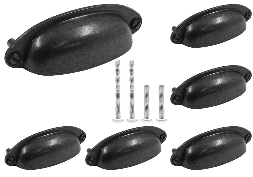 6PCS Black Drawer Pulls, 3.5" Hole Center Cabinet Cup Pull, Vintage Shell Metal