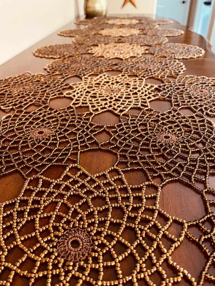 HANDMADE BROWN & COPPER CROCHET BEADED RUNNER 5' /18"