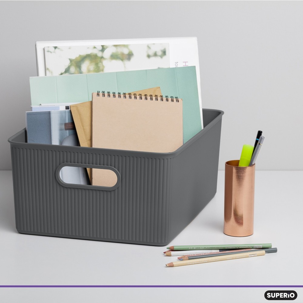 Medium Decorative Storage Bin 15 Liter, Grey Plastic Storage Basket