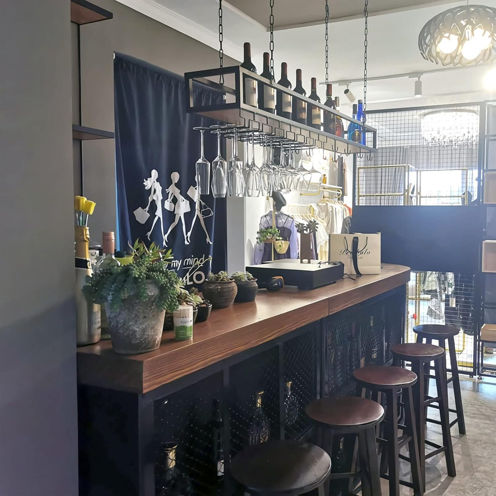 Adjustable Ceiling Wine Glass Rack - Black Metal Holder for Bar & Kitchen