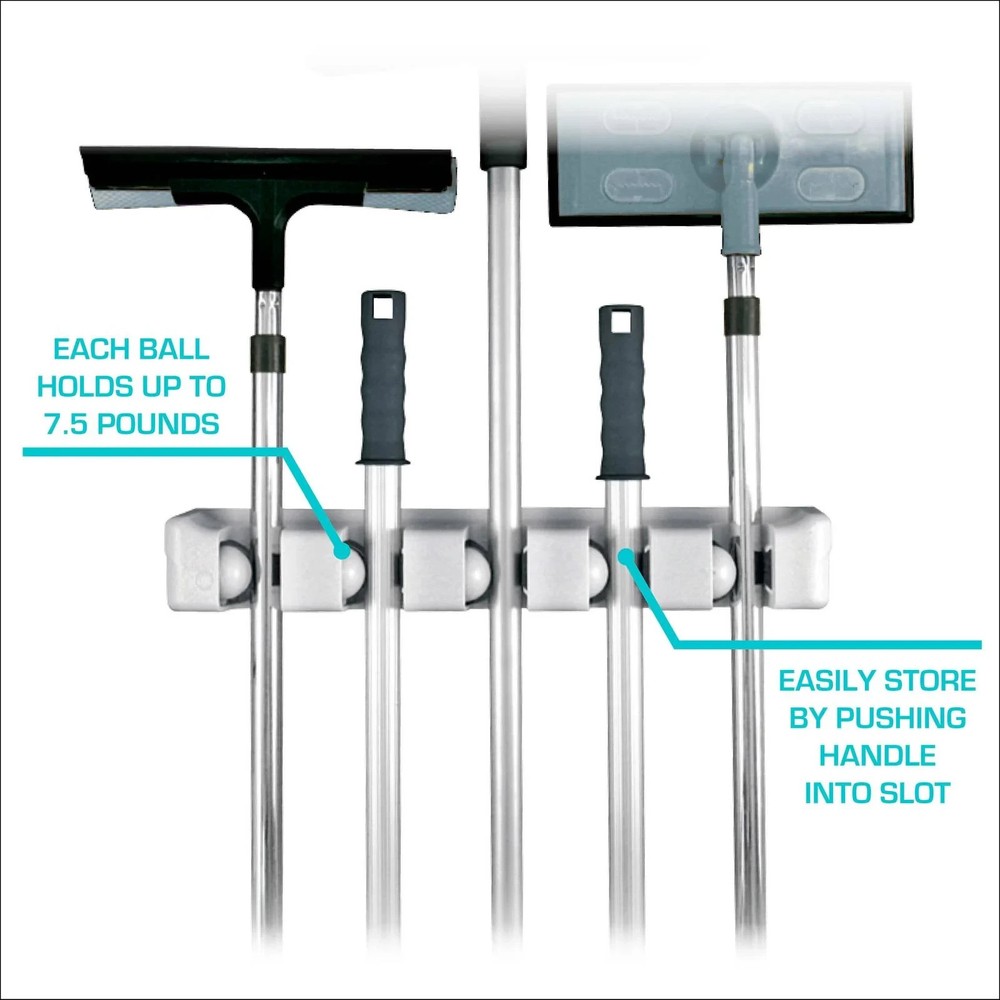 Wall Mounted Mop and Broom Holder - 5 Tool Capacity - Auto Adjusts For Pole Size