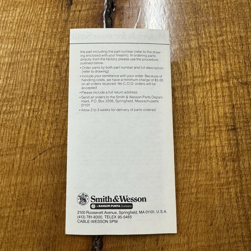 Original Insert SMITH & WESSON MODEL Safety Instruction PARTS LIST VINTAGE