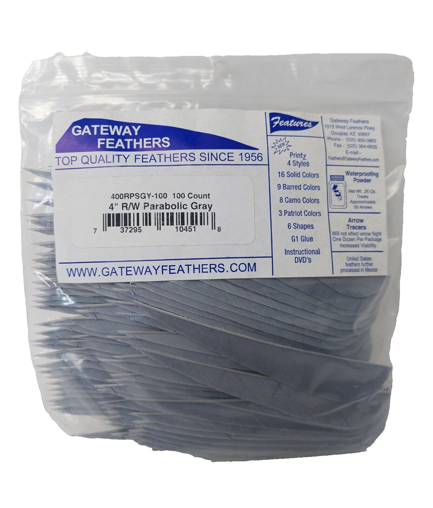 100 Pack Gateway Feathers 4" Right Wing: Parabolic Gray 400RPSGY-100