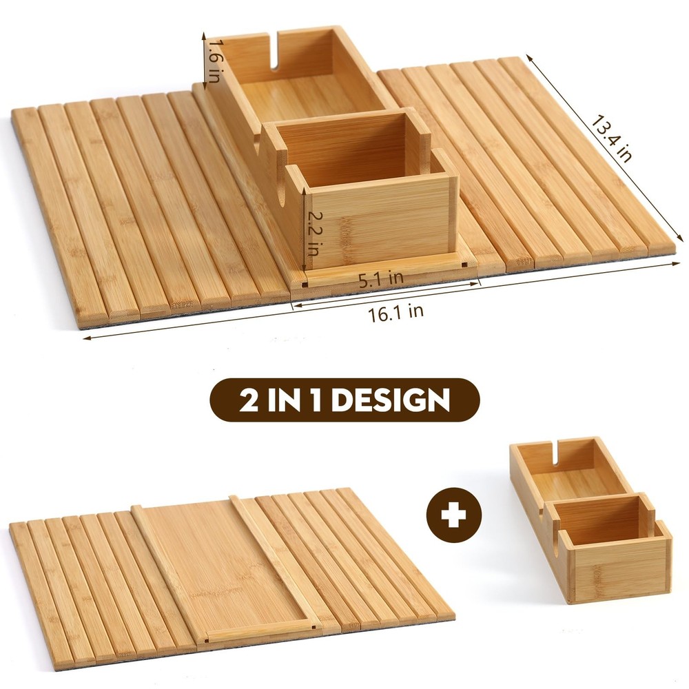 Bamboo Couch Arm Tray with Detachable Cup Holder - Foldable, Anti-Fall Design