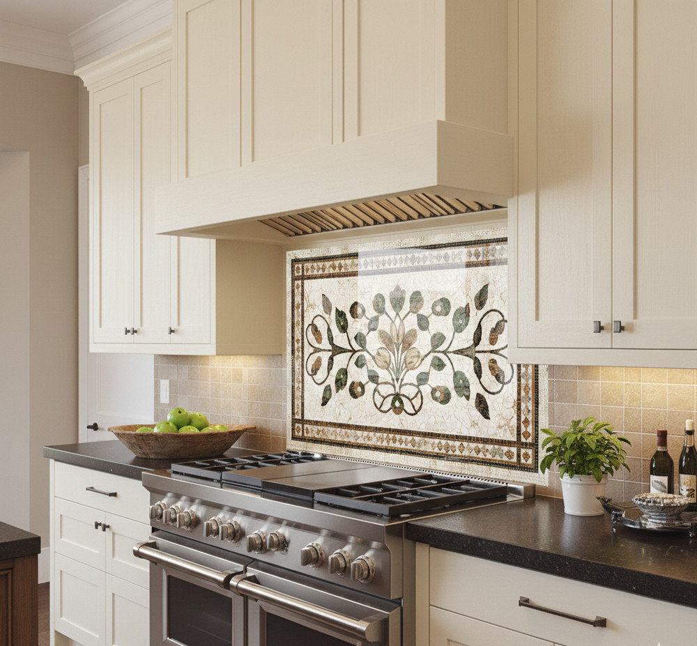 Mediterranean Mosaic Look Glass Backsplash Panel–Olive Branch Kitchen Backspla