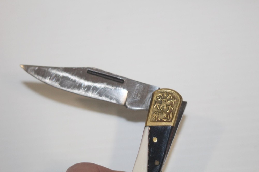 Vintage Folding Deer Hunt Knife Lockback Brass Embossed Black & White Handle