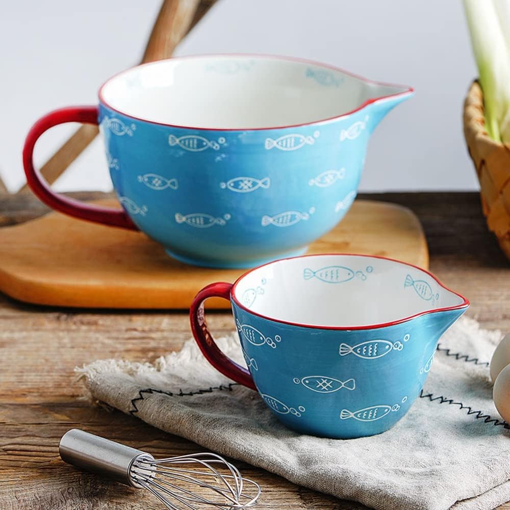 Gaolinci Blue Fish Pattern Kitchen Ceramic Mixing Bowl, 1 Quart Large Bowl, with