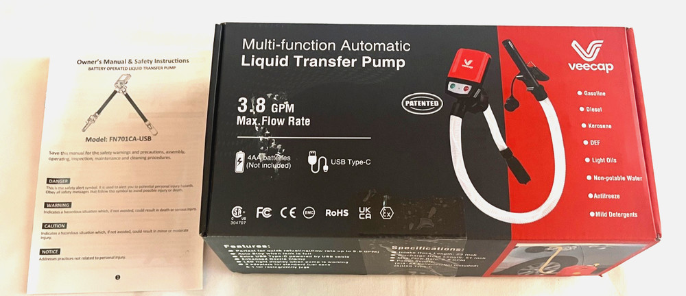 Veecap Liquid Transfer Pump 3.8 GPM Auto-Stop Sensor Leak Protection, USB Type