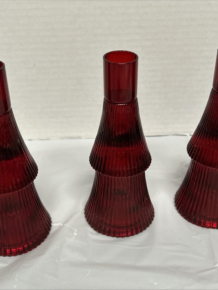 4 Christmas Tree Red Glass Candle Stick Holders