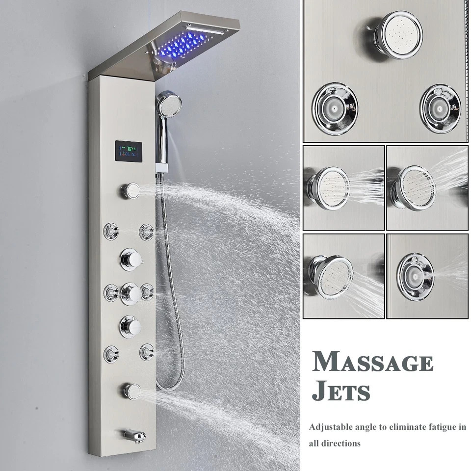 Rain Shower Panel Tower System Stainless Steel 6-Function Faucet LED Shower Head