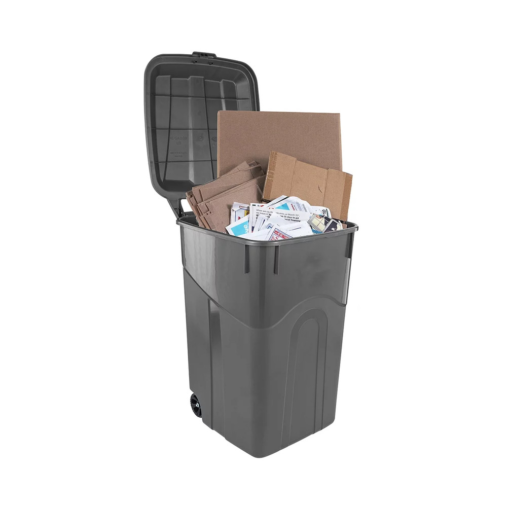 45 Gallon Wheeled Heavy Duty Plastic Garbage Can, Attached Lid, Black