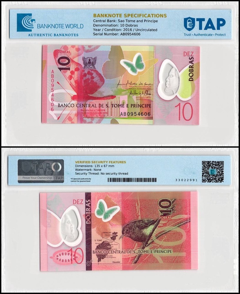 St. Thomas & Prince 10 Dobras, 2016, P-71, UNC, Polymer, TAP Authenticated