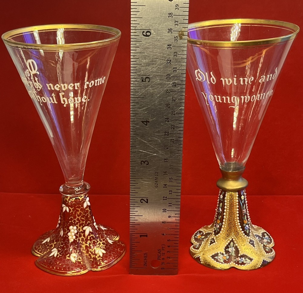 Two Bohemian Enameled Gilt Wine Glasses