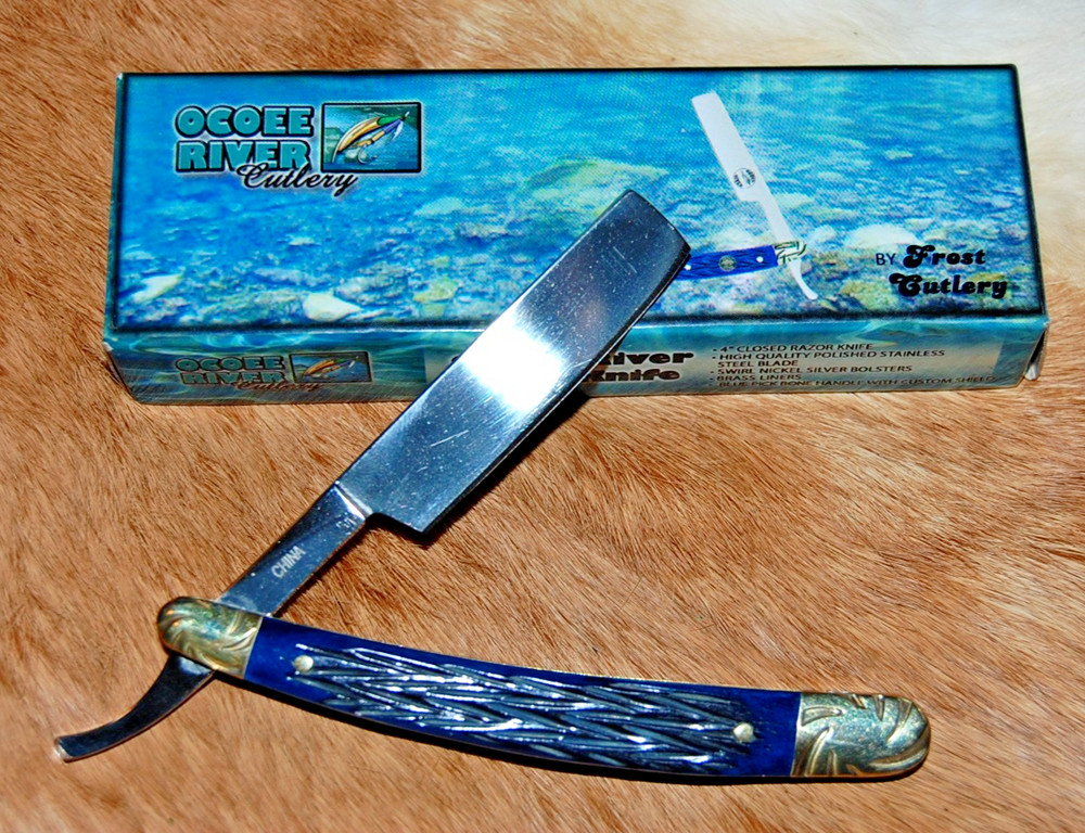 Ocoee River Blue Bone Handle Straight Razor Folding Knife - NEW