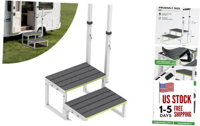RV Steps with Handrail (26"-38"), Dual-Side Setup, Portable 2-Step RV White