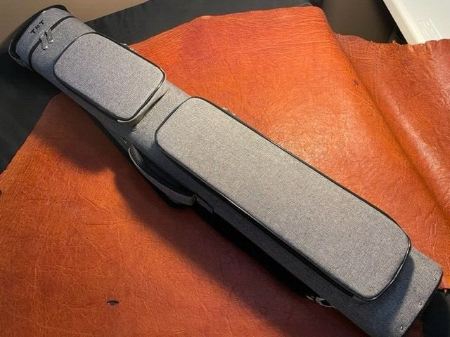 TNT 3x5 Grey Nylon Pool Cue Case. Blue interior. Back Pack Straps.