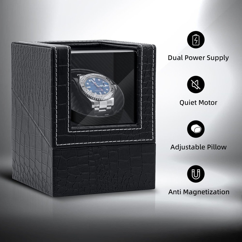 Mcbazel Single Watch Winder, Ultra Quiet Black Crocodile Pattern Leather