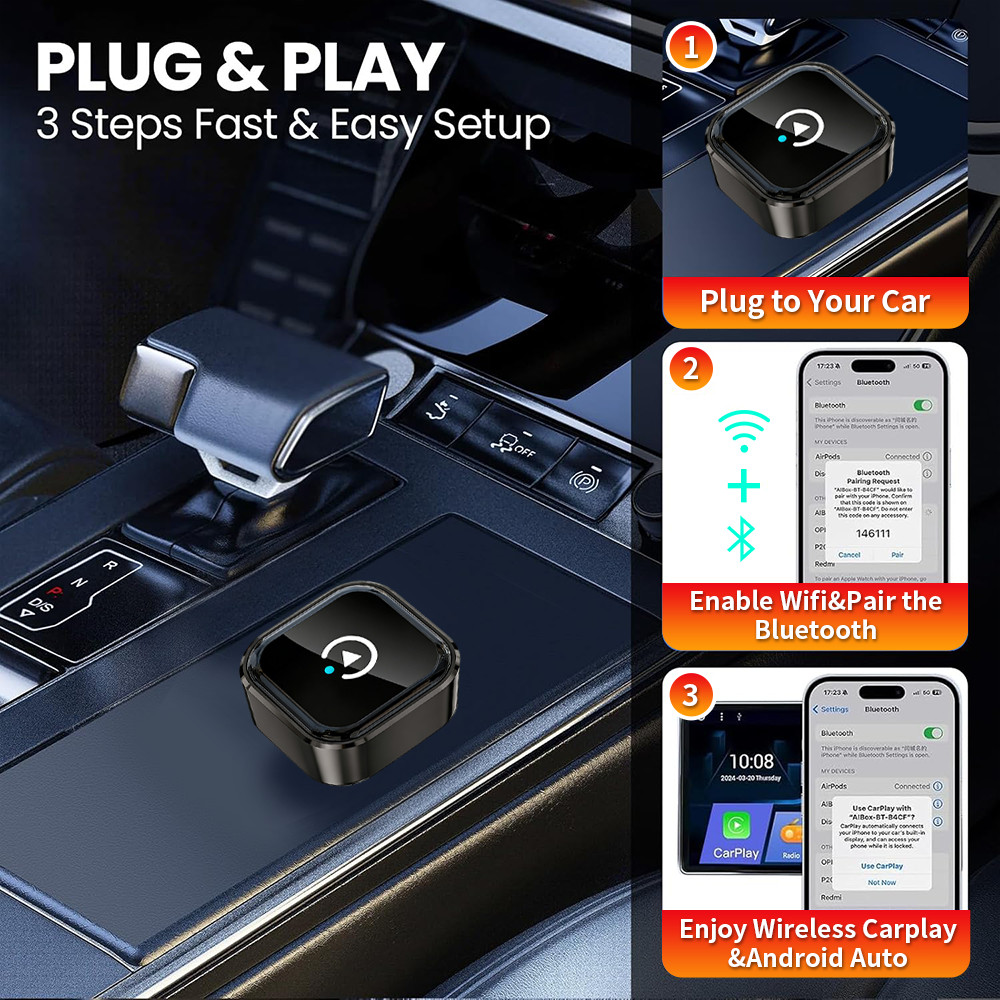 Wireless CarPlay Adapter for Apple iPhone & Android Auto USB Adapter Plug & Play