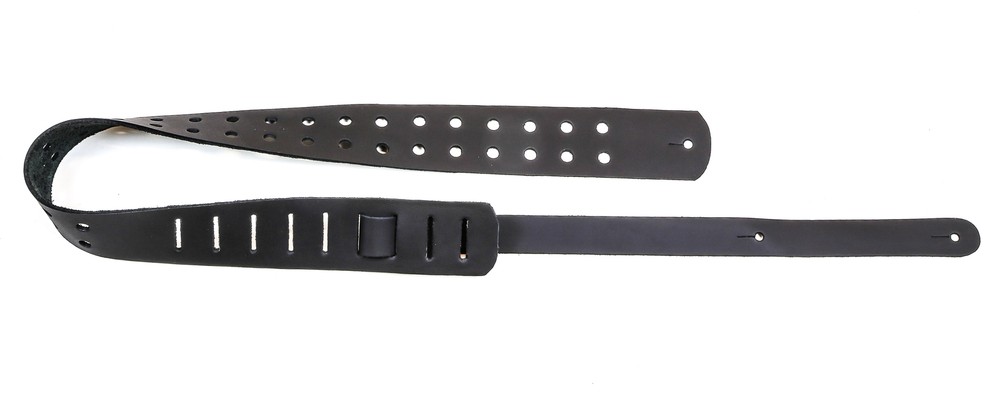 2 1/4" Wide Double Hole Black Cowhide Classic Guitar Strap