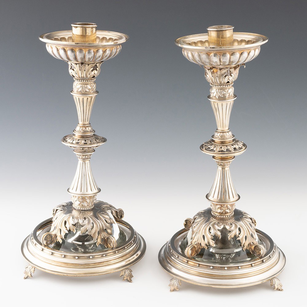 Gilded Silver Candlesticks with Glass Drip Pans c1880