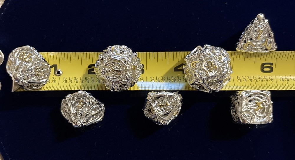 Hollow Silver Skeleton 7 Pc Polyhedral Dice Set Gold Numbers