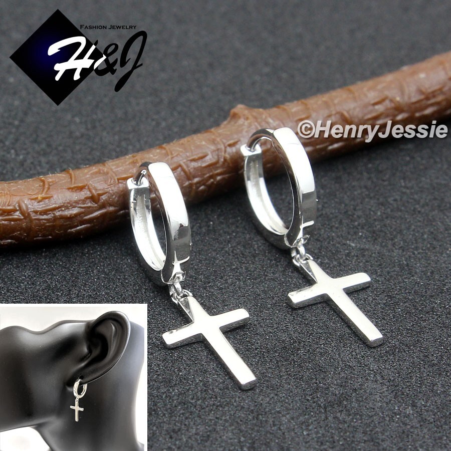 MEN WOMEN SOLID 925 STERLING SILVER PLAIN CROSS DANGLE HUGGIE HOOP EARRING*E244