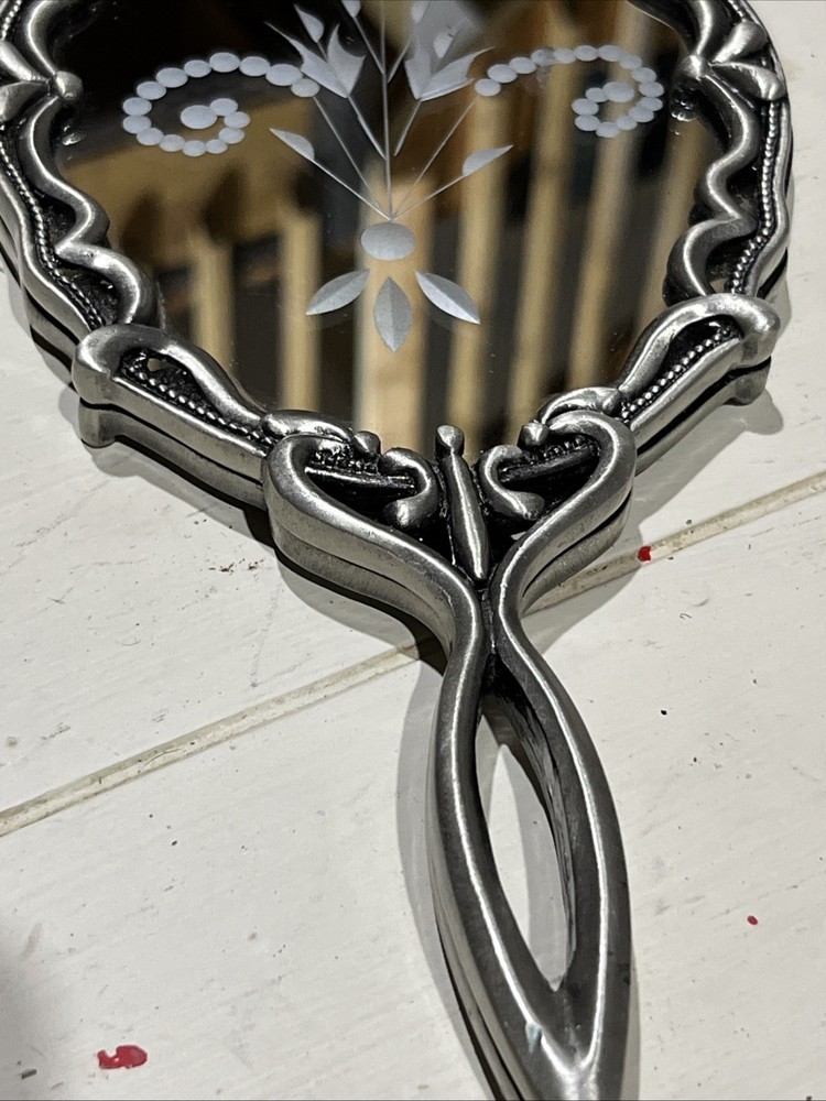 Vintage Silver Plated Vanity Hand Held Mirror 9.75” Heavy Floral Scroll