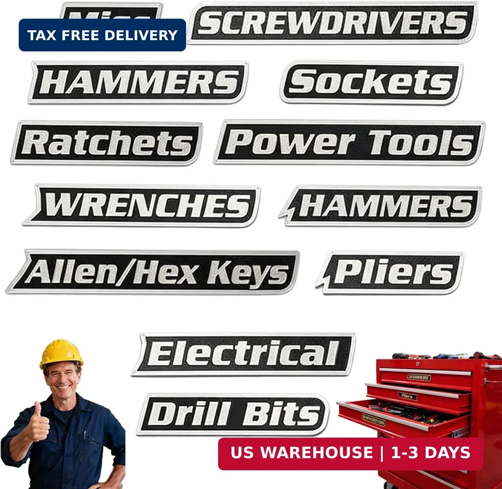 12 Pack of Magnetic Toolbox Labels, 3D-Printed Tool Box Labels, General Tool Box