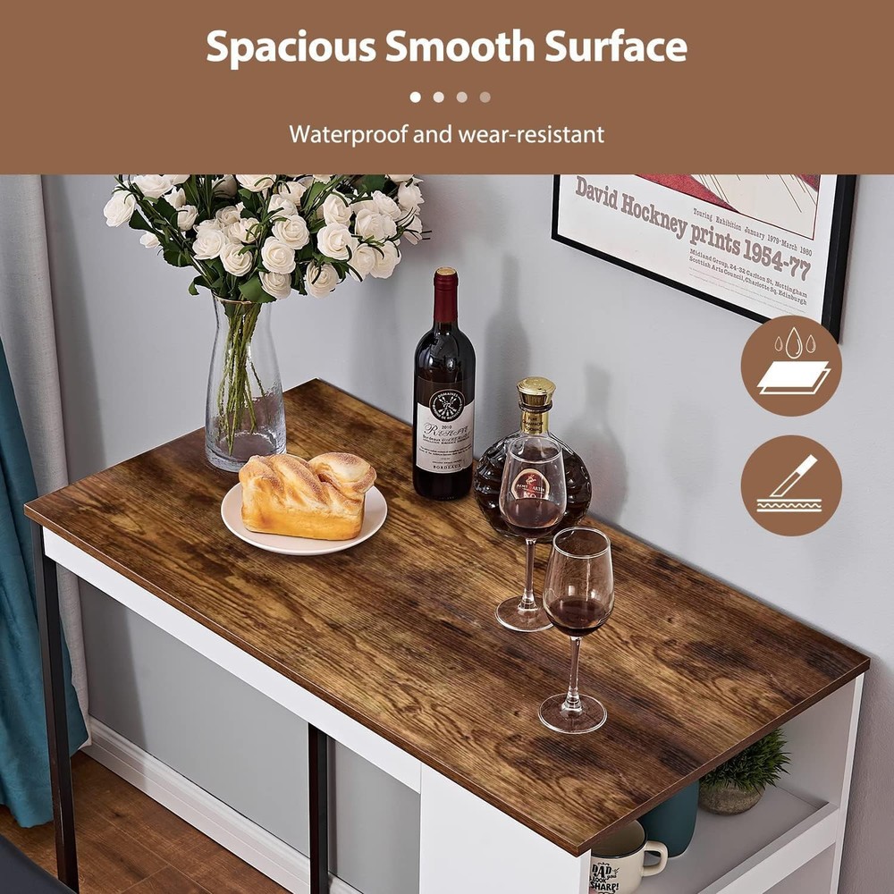 3 Piece Dining Table Set Kitchen Bar Table with Two Stool Storage Shelves Woo...