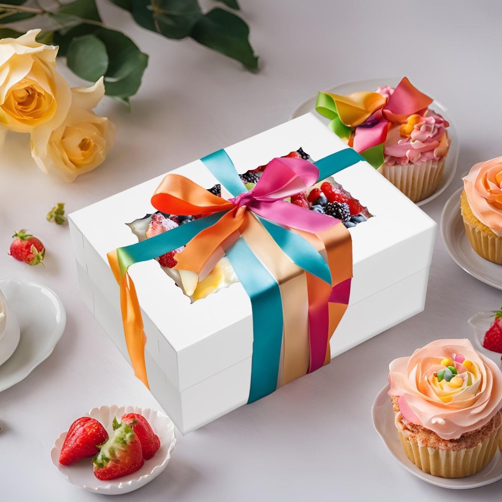 16pcs 14x10x6 Cake Boxes with Window Rectangle Quarter Bakery Boxes for Pastr...