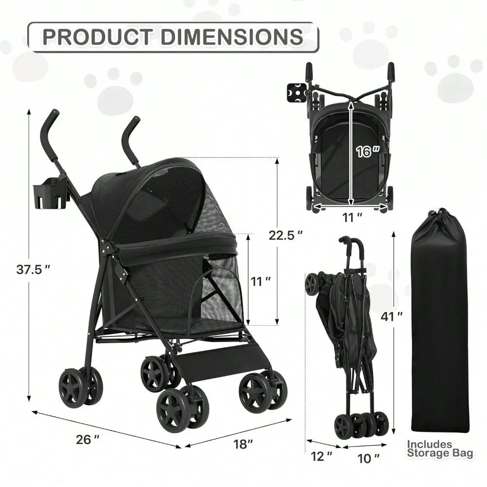 Foldable 4-Wheel Pet Stroller For Small Medium Pets Black