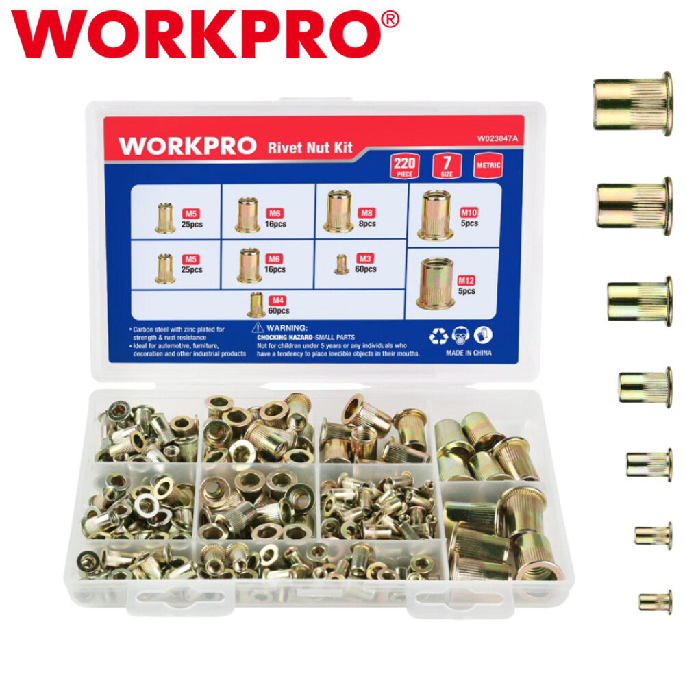 WORKPRO 220PCS Metric Rivet Nuts Zinc Plated Steel Flat Head Threaded Insert Nut