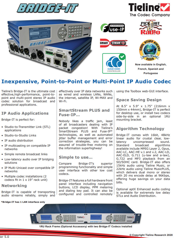 Tieline Bridge-IT TLB5100 Audio Over IP AAC Codec Internet AoIP SIP Endpoint