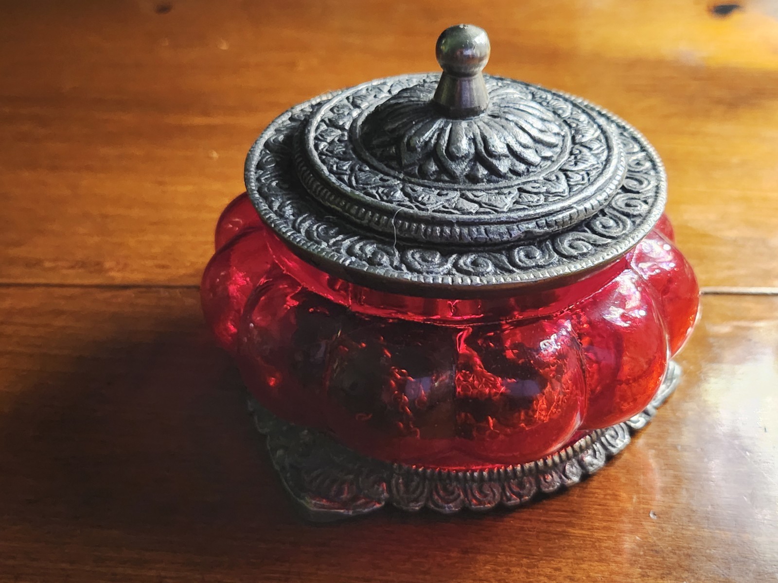 Vintage Sterling Silver Celluloid Bead Rosary & Vtg Red Moroccan Blown Glass Box