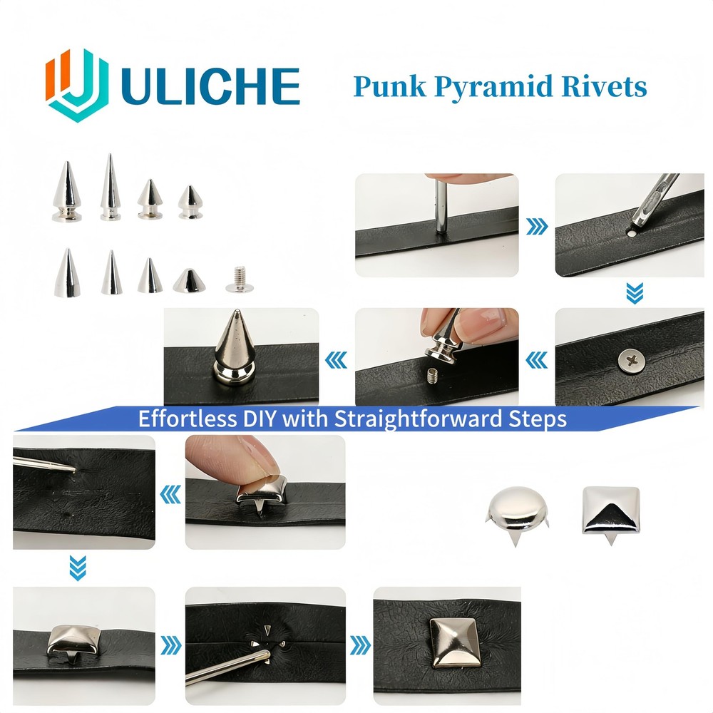 559 Pcs Punk Studs and Spikes Kit，8 Sizes Cone Spikes,Square Pyramid&Circular...