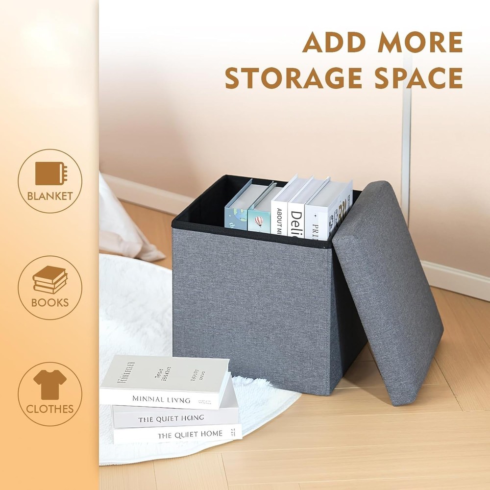 Compact Multi-Purpose Grey Ottoman Cube - Linen Footrest for Living Spaces 11.8"