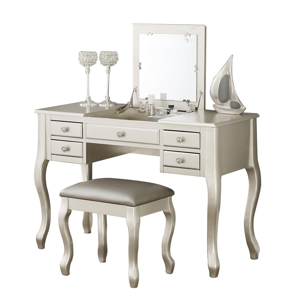 Wooden Makeup Vanity Set Desk, Mirror and Stool - Silver