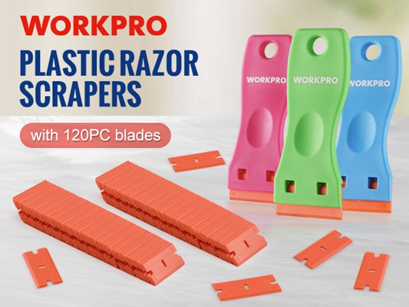 WORKPRO Plastic Razor Blade Scraper 3-Piece with 120 Pcs Plastic Razor Blades