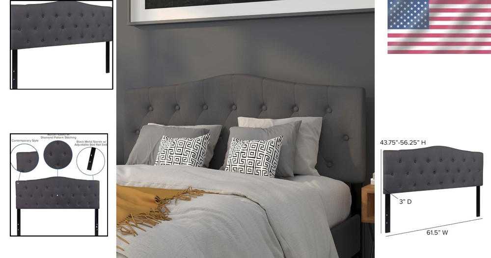 Elegant Tufted Upholstered Queen Size Headboard - Adjustable Height, Dark Gray
