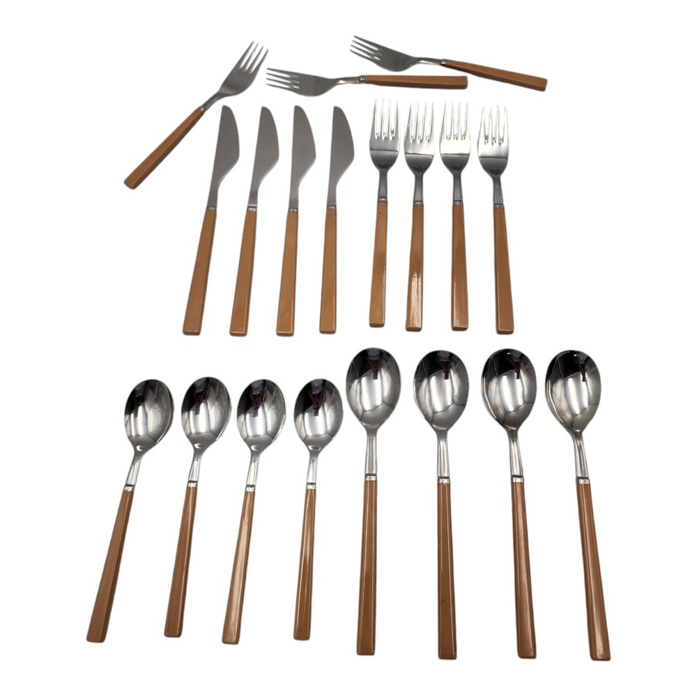 Vintage Japan Stainless Brown Plastic Celluloid Handle Flatware Service For 4