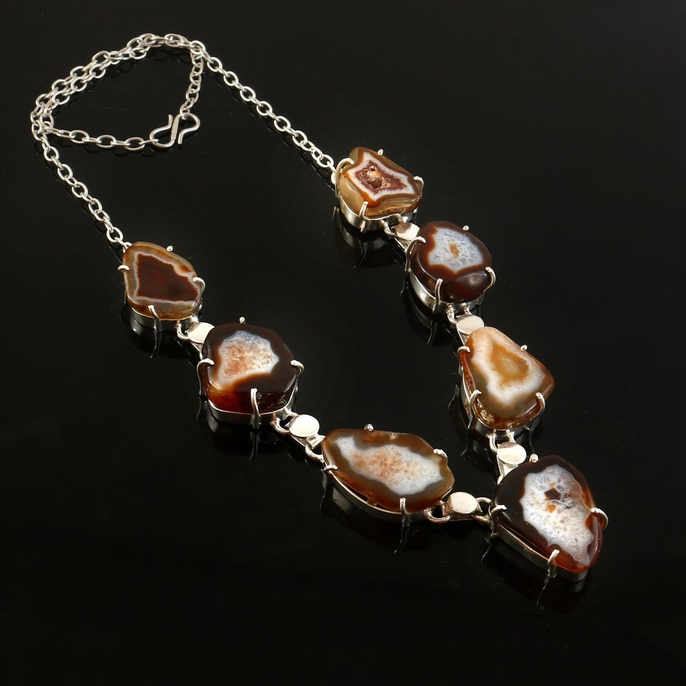 Natural Brown Agate Druzy Silver Plated Statement Necklace Handmade Boho