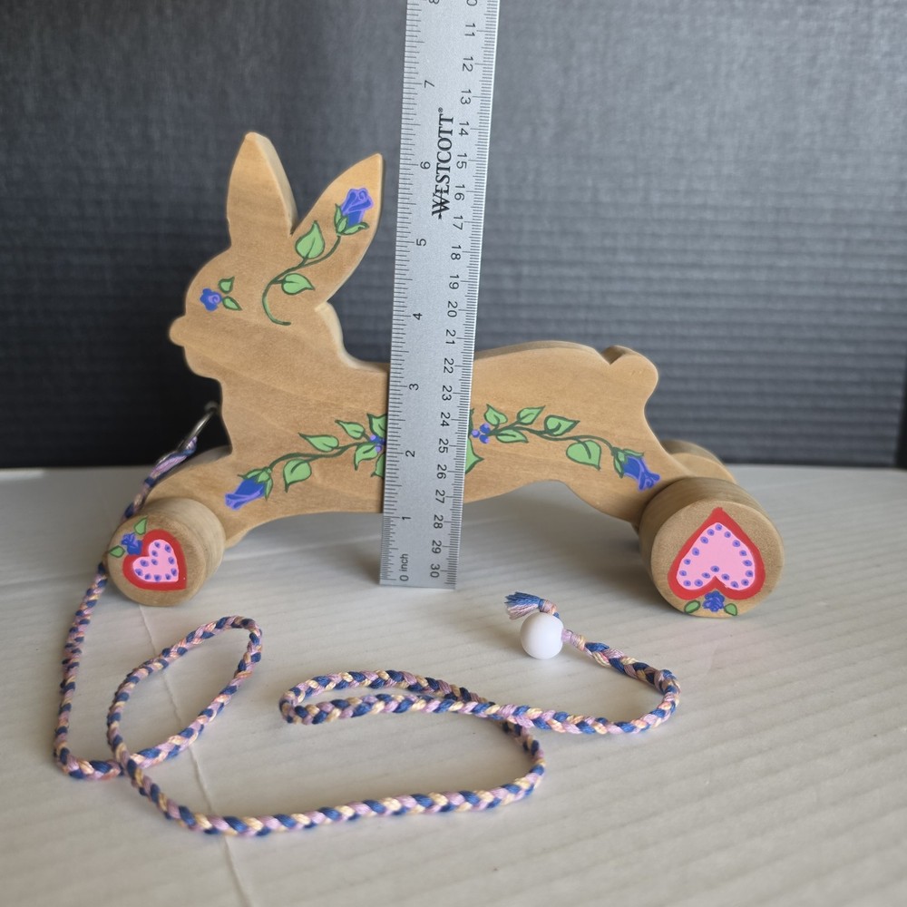 Rabbit Bunny Wooden Pull Toy Handmade Easter Spring Flowers Hearts