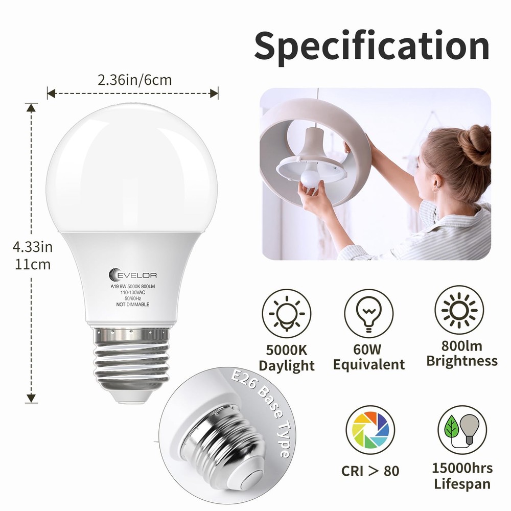A19 LED Light Bulbs,60 Watt Equivalent Daylight 5000K with E26 Base,Efficient...