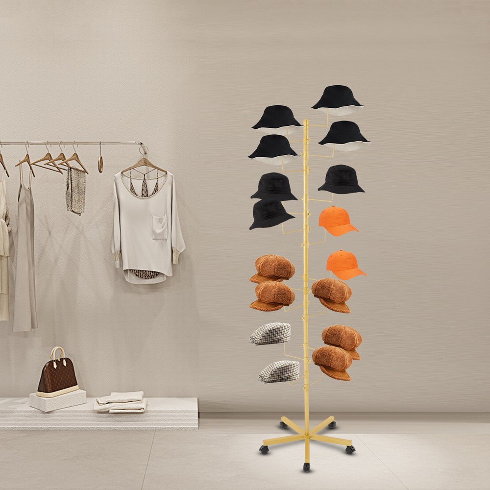 Freestanding Hat Display Rack with Adjustable Hooks & Lockable Wheels