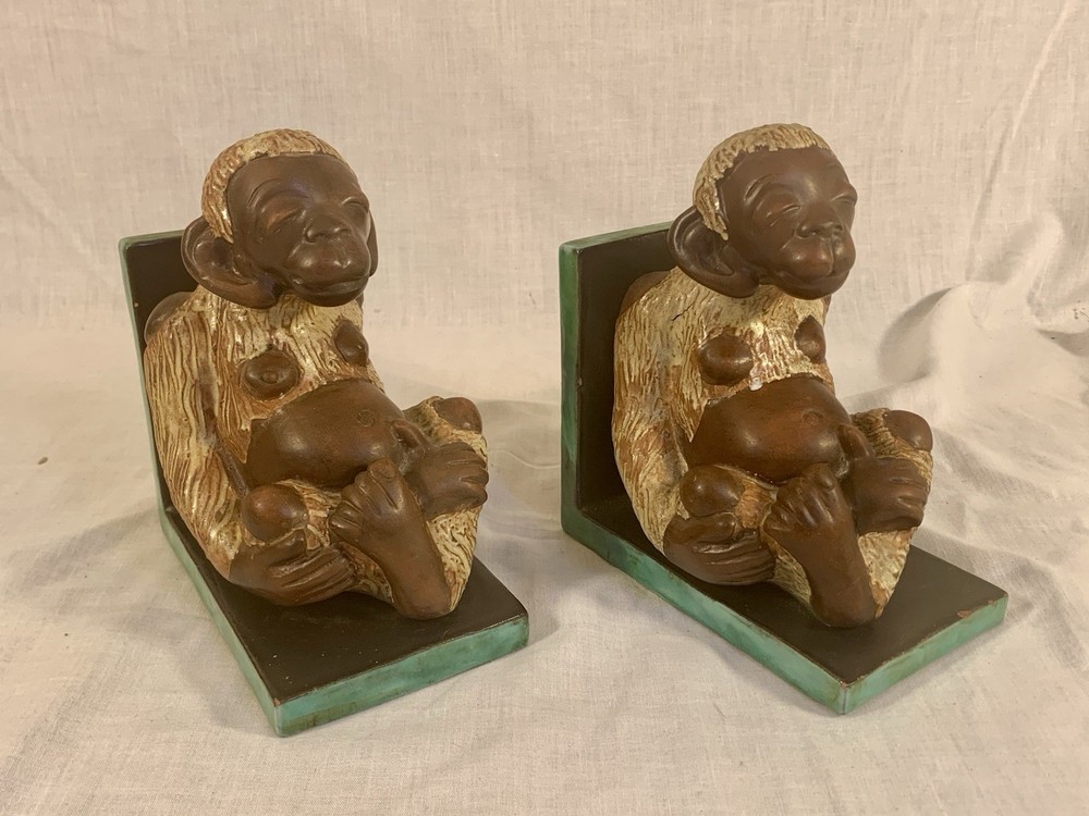 Pair Vtg Ceramic SMILING MONKEY BOOKENDS Large 6"x 3" Size HEAVY