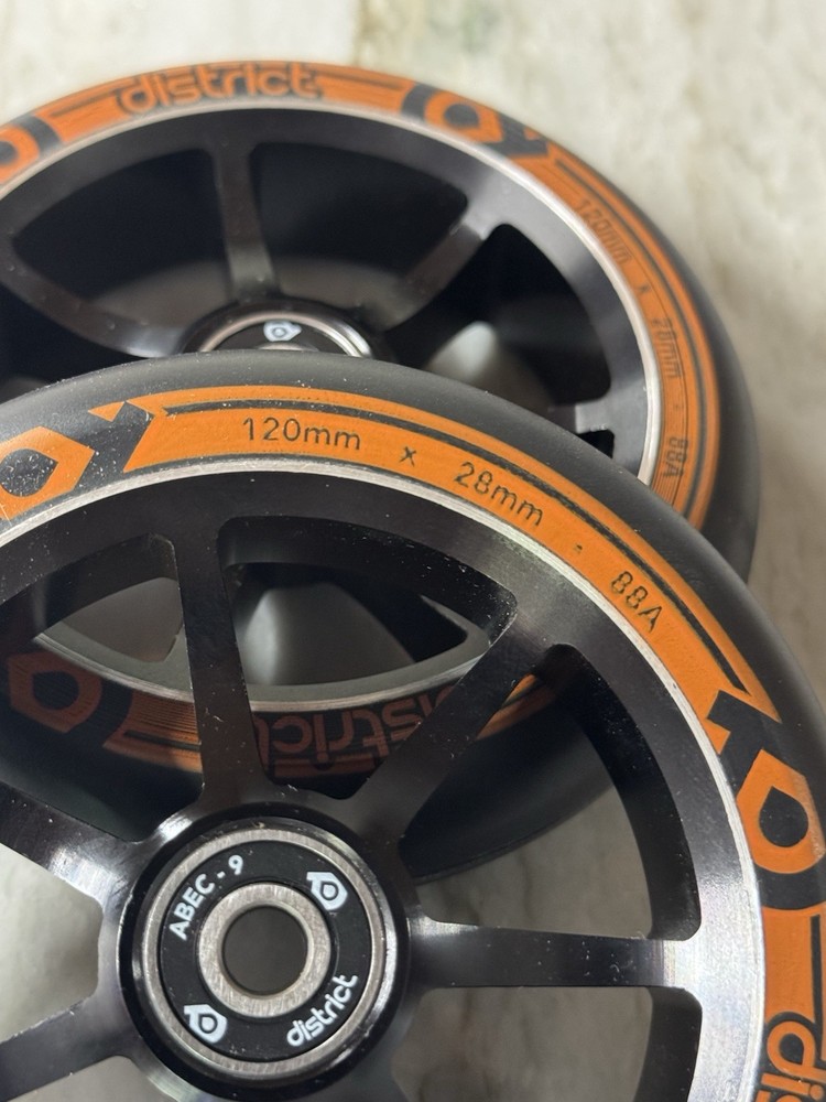 2 – District Pro Scooter Wheels (2 Pack) Size 120 X 28mm Duel Width Core New