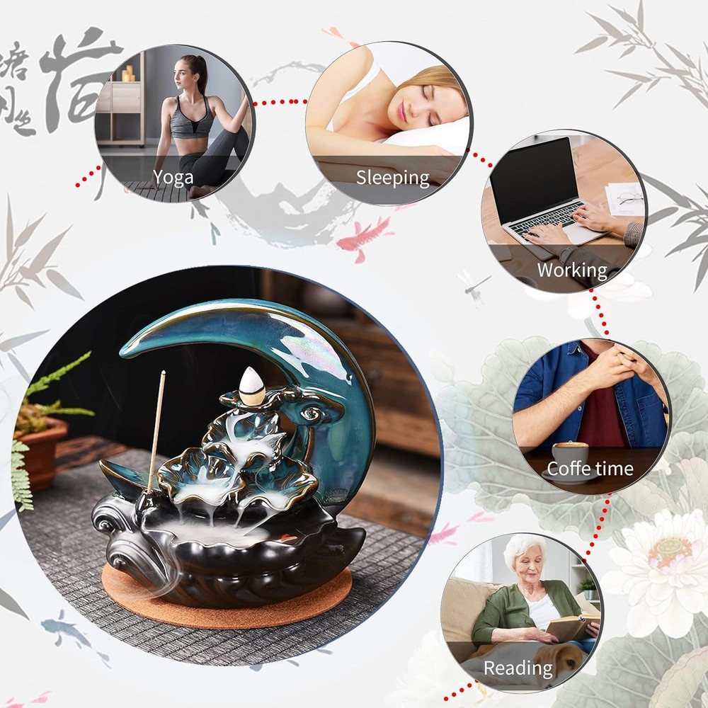 Moon Backflow Incense Holder Set with 100 Cones & Sticks