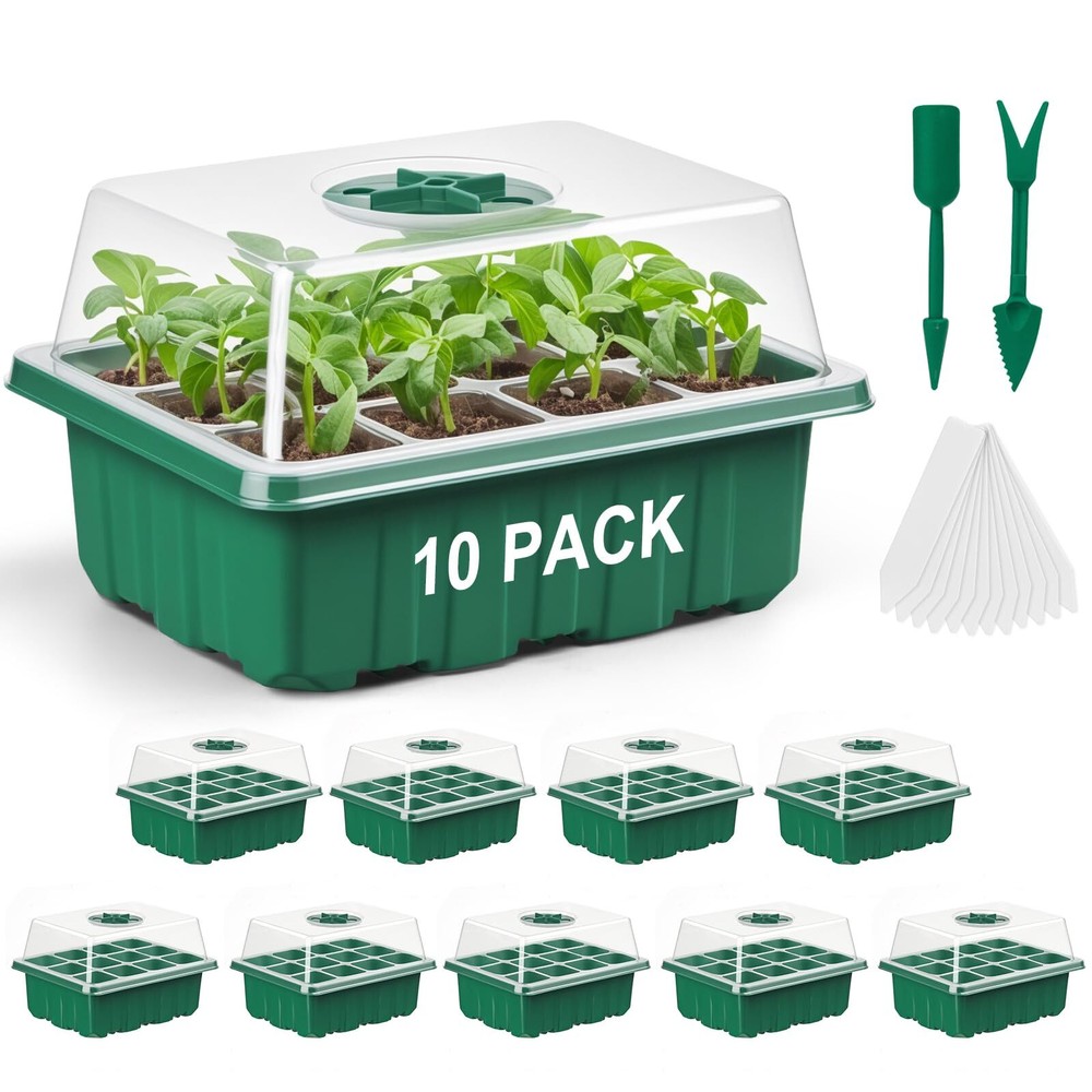 10 Pack Seed Starter Tray Kit(120 Cells Total Tray)with Adjustable Humidity Dome