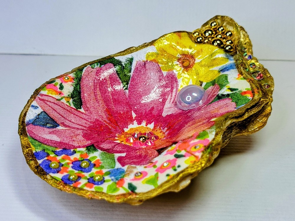 Handcrafted Decoupaged Floral Oyster Shell Ring/Trinket Dish
