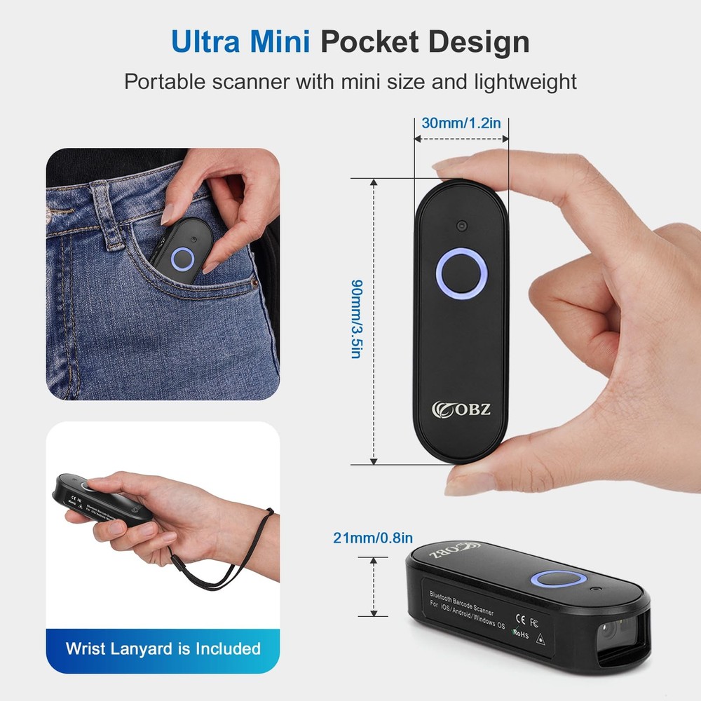 OBZ Mini Bluetooth Barcode Scanner, 2D Wireless Barcode Scanner, Versatile Po...